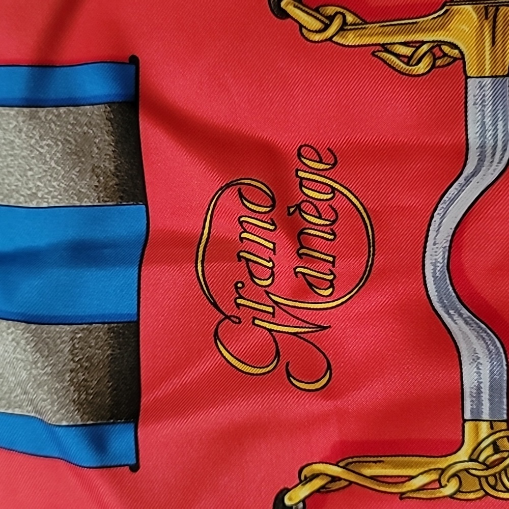 Hermes Red & Blue Silk Scarf with Gold Accents - Picture 4 of 6